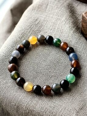 Natural Multi-Color Agate 8mm Gemstone Stretch Bracelet, Earthy Boho Jewelry